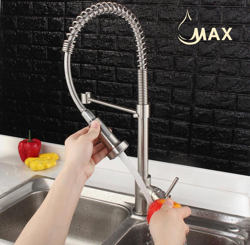 MAX Faucets Canada, Pull-Out Spiral Flexible Kitchen Faucet Single Handle 24" Brushed Nickel