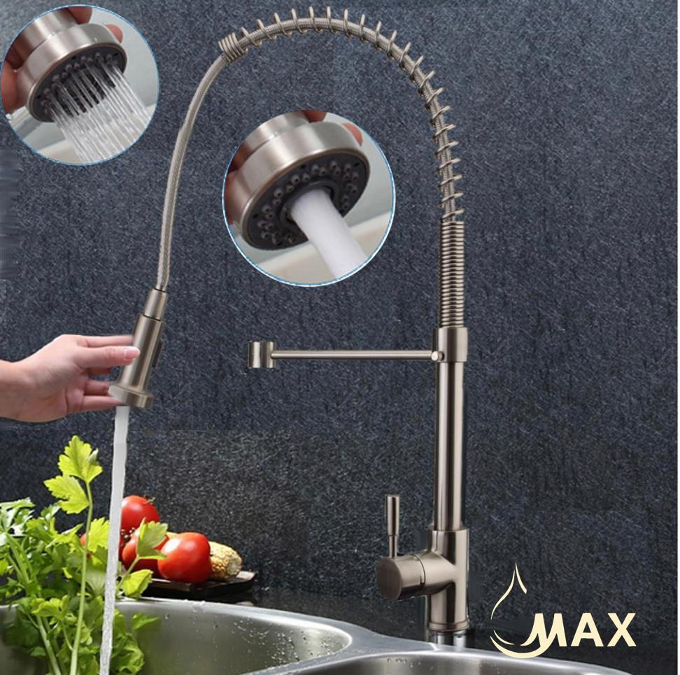 MAX Faucets Canada, Pull-Out Spiral Flexible Kitchen Faucet Single Handle 24" Brushed Nickel